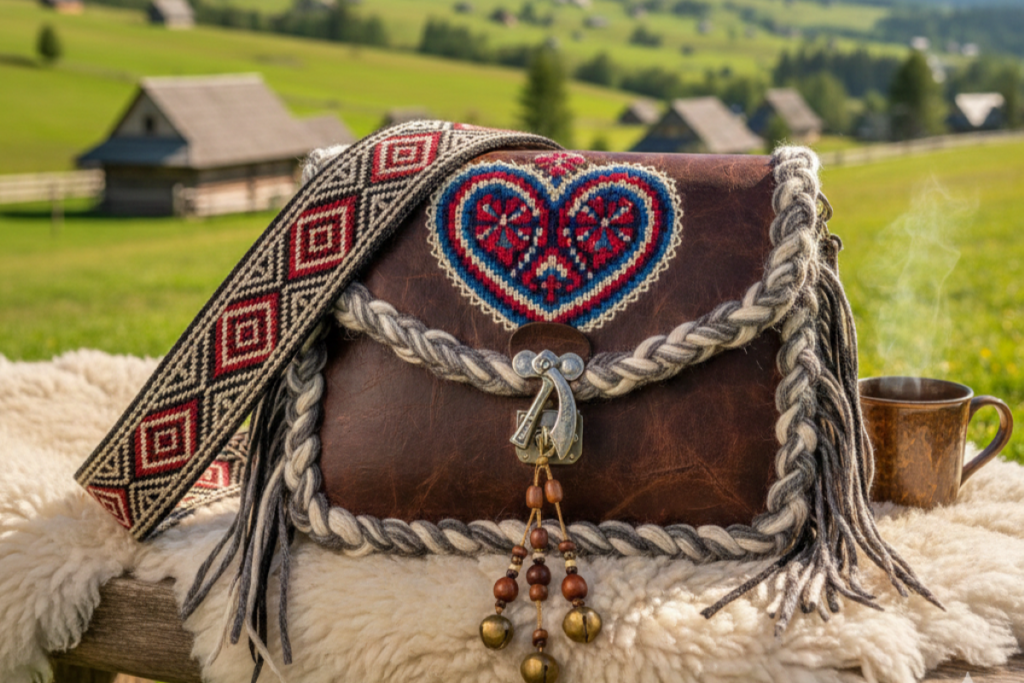 Brązowa skórzana torebka góralska z haftowanym sercem i ozdobnym paskiem, leżąca na owczej skórze na tle tatrzańskich chat.